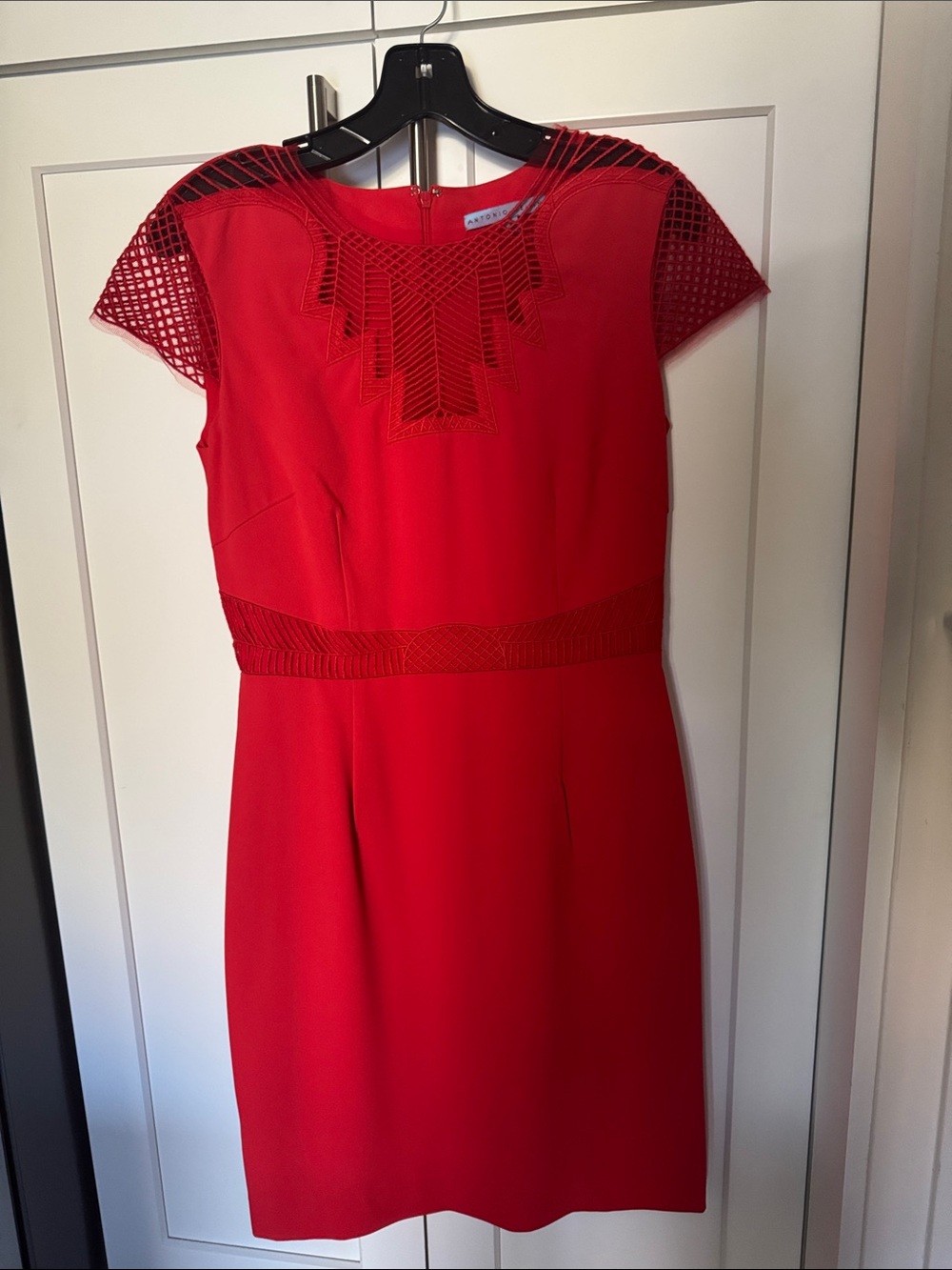 ANTONIO MELANI Red Embellished Cap-Sleeve Sheath Dress